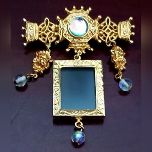 Kirks Folly Gold Brooch with Glass Picture Frame & Iridescent Accents